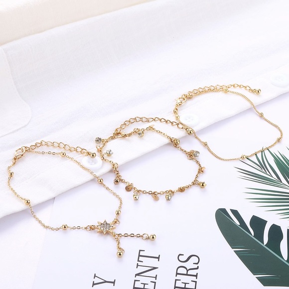 Bohemian 3 Pcs Crystal Star and Gold Anklet Set - Picture 6 of 10
